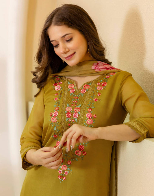 Green Silk Blend Embroidered Straight Kurta Set for Women with Pant and Dupatta