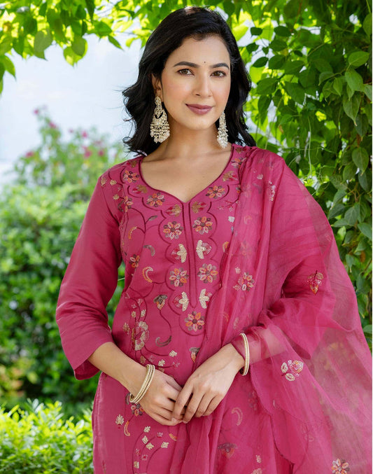 Silk Embroidered Straight Kurta with Pant & Dupatta
