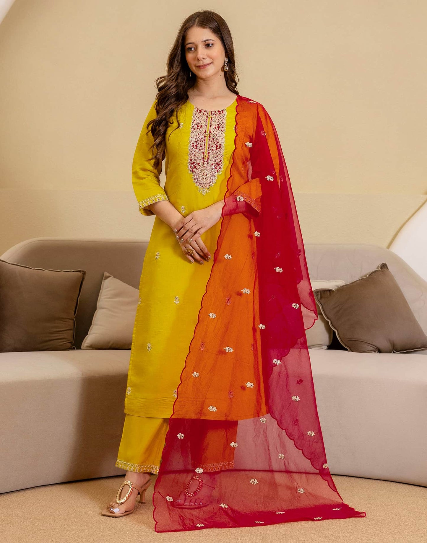 Silk Blend Embroidered Straight Kurta with Pant & Dupatta