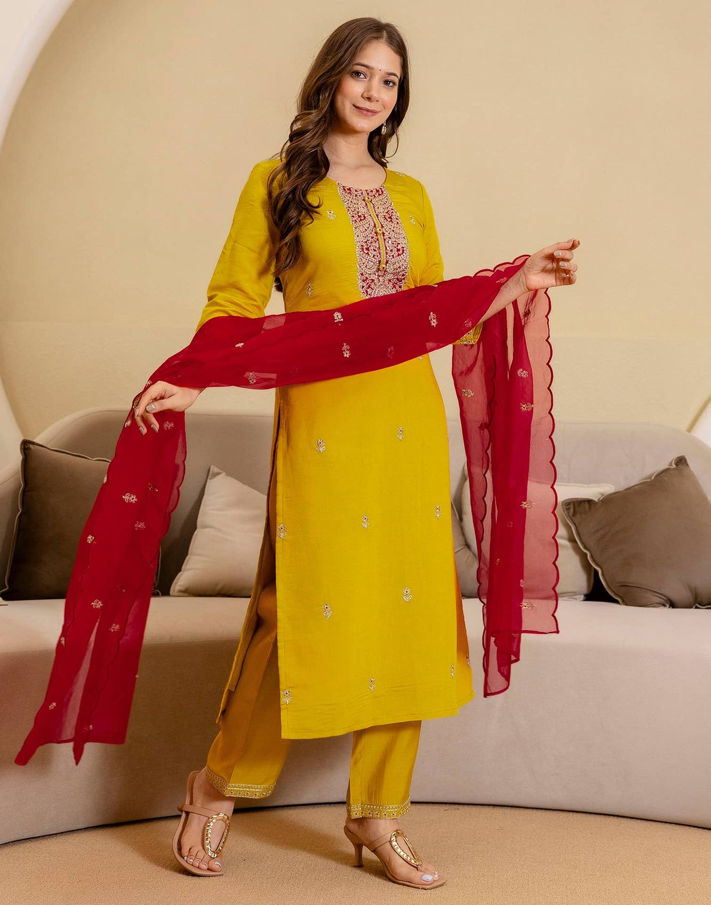 Silk Blend Embroidered Straight Kurta with Pant & Dupatta