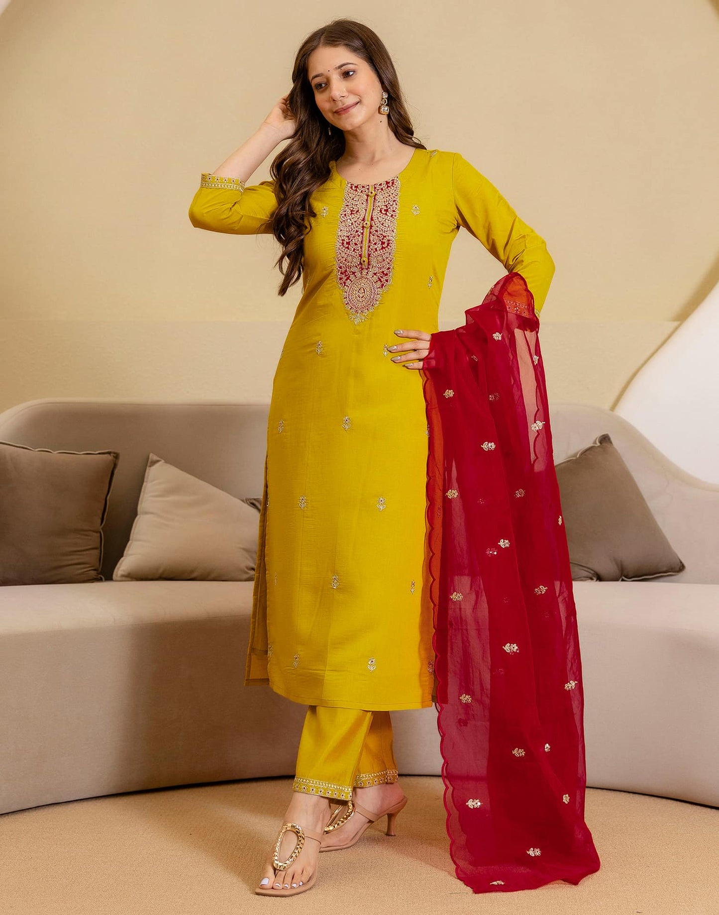 Silk Blend Embroidered Straight Kurta with Pant & Dupatta