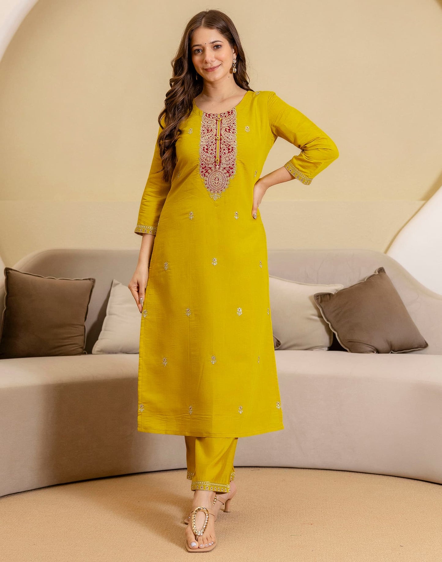 Silk Blend Embroidered Straight Kurta with Pant & Dupatta