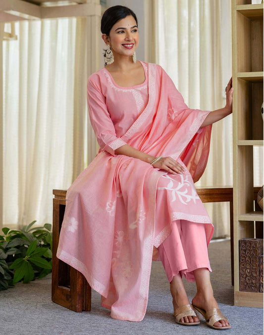 Cotton Weaving Straight Kurta with Pant & Dupatta