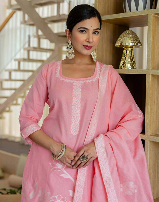 Cotton Weaving Straight Kurta with Pant & Dupatta