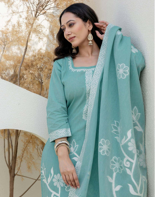 Cotton Weaving Straight Kurta with Pant & Dupatta