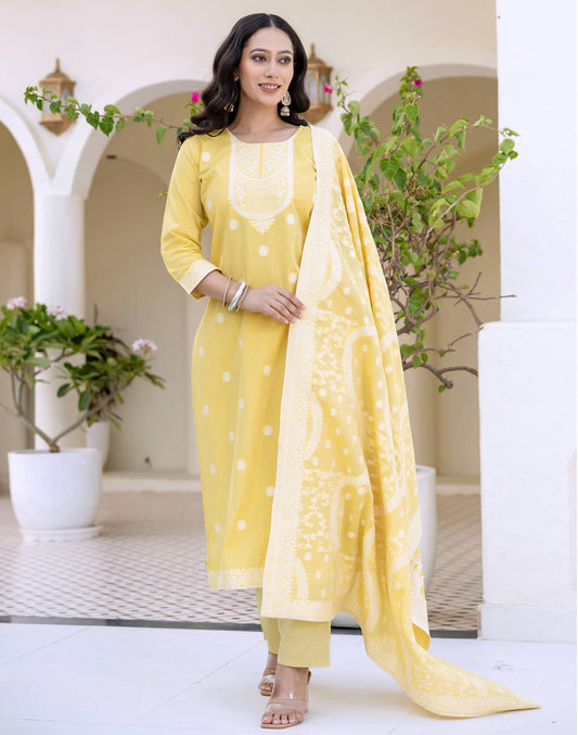 Cotton Weaving Straight Kurta with Pant & Dupatta