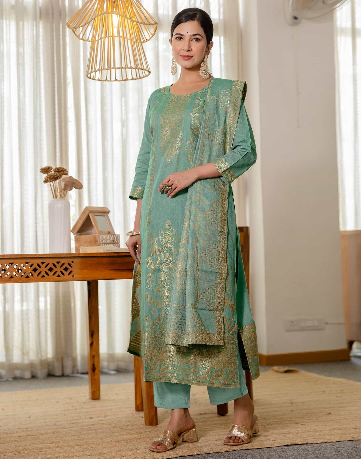 Cotton Woven Design Straight Kurta with Pant & Dupatta