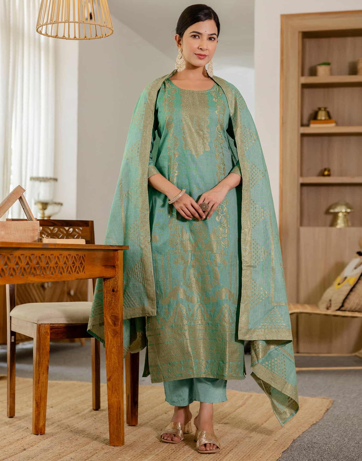 Cotton Woven Design Straight Kurta with Pant & Dupatta