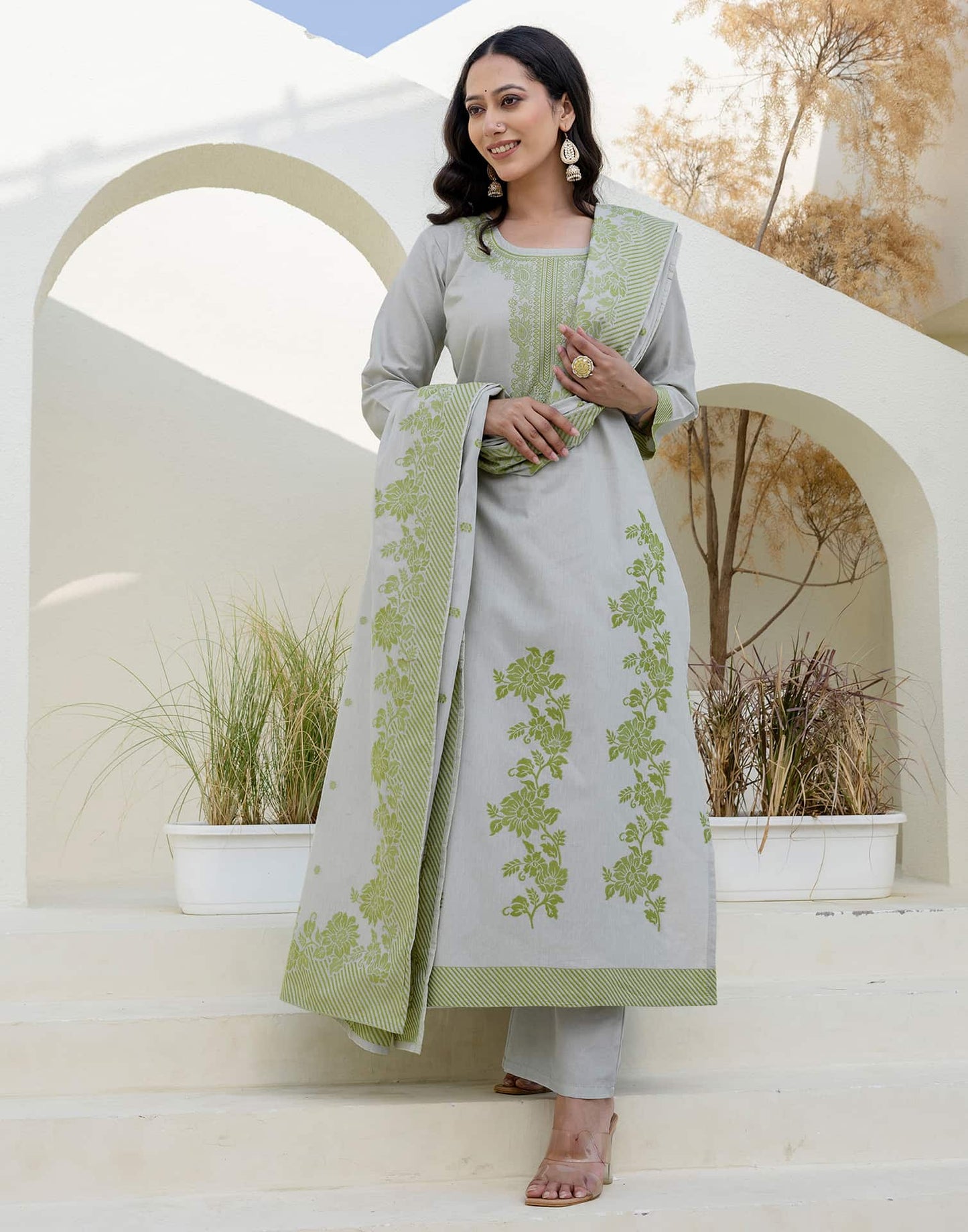 Cotton Woven Design Straight Kurta with Pant & Dupatta