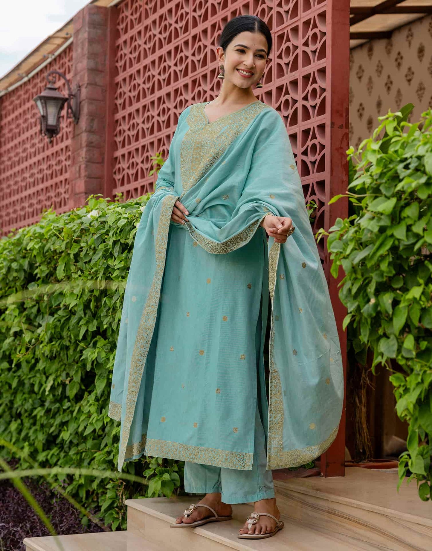 Cotton Woven Design Straight Kurta with Pant & Dupatta