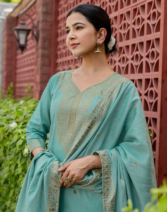 Affordable Light Blue Cotton Woven Straight Kurta Set V-Neck Woven Cotton Kurti with Pant & Dupatta