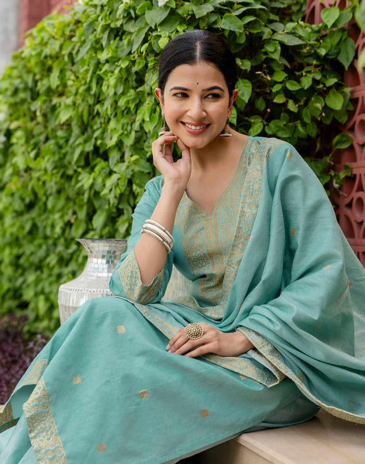 Affordable Light Blue Cotton Woven Straight Kurta Set V-Neck Woven Cotton Kurti with Pant & Dupatta