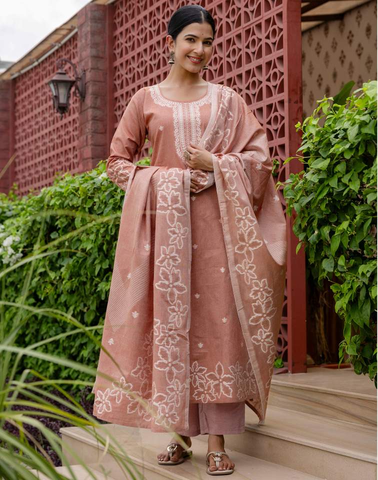 Dark Peach Silk Weaving Round Neck 3/4 Sleeve Straight Kurta Set With Pant & Dupatta