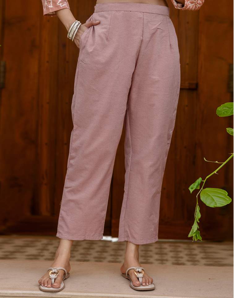 Dark Peach Silk Weaving Round Neck 3/4 Sleeve Straight Kurta Set With Pant & Dupatta