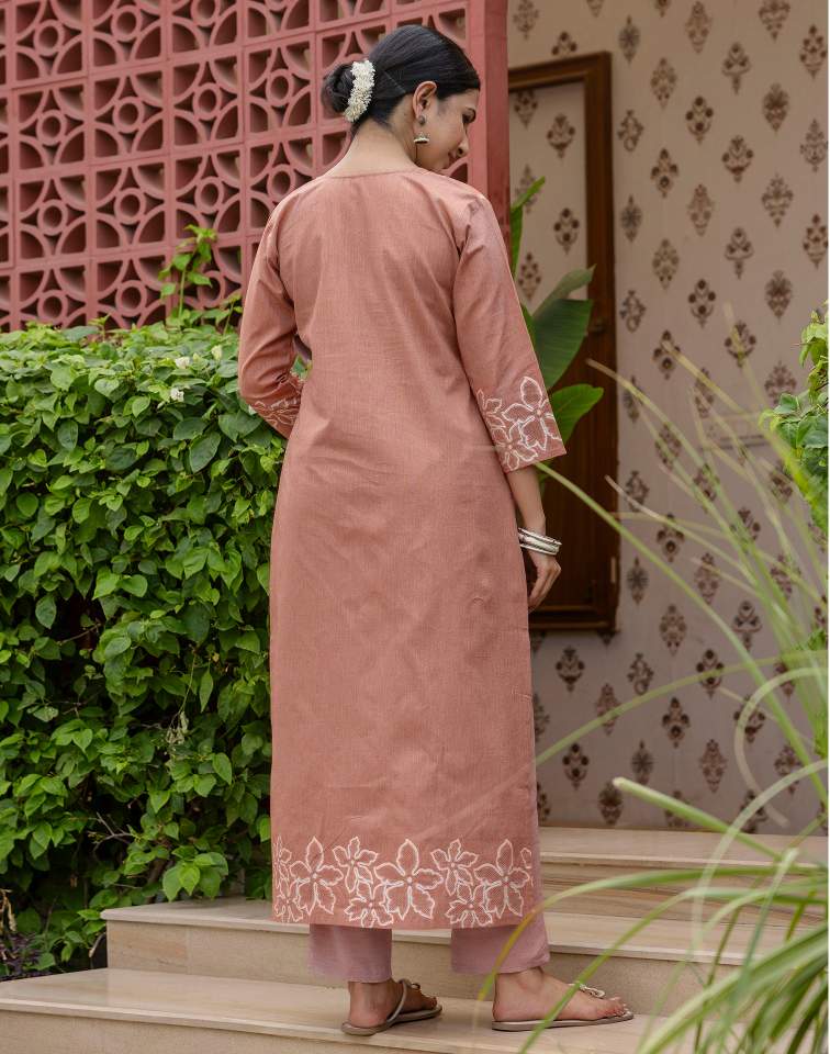 Dark Peach Silk Weaving Round Neck 3/4 Sleeve Straight Kurta Set With Pant & Dupatta