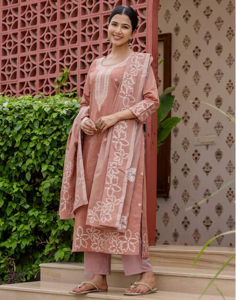 Dark Peach Silk Weaving Round Neck 3/4 Sleeve Straight Kurta Set With Pant & Dupatta