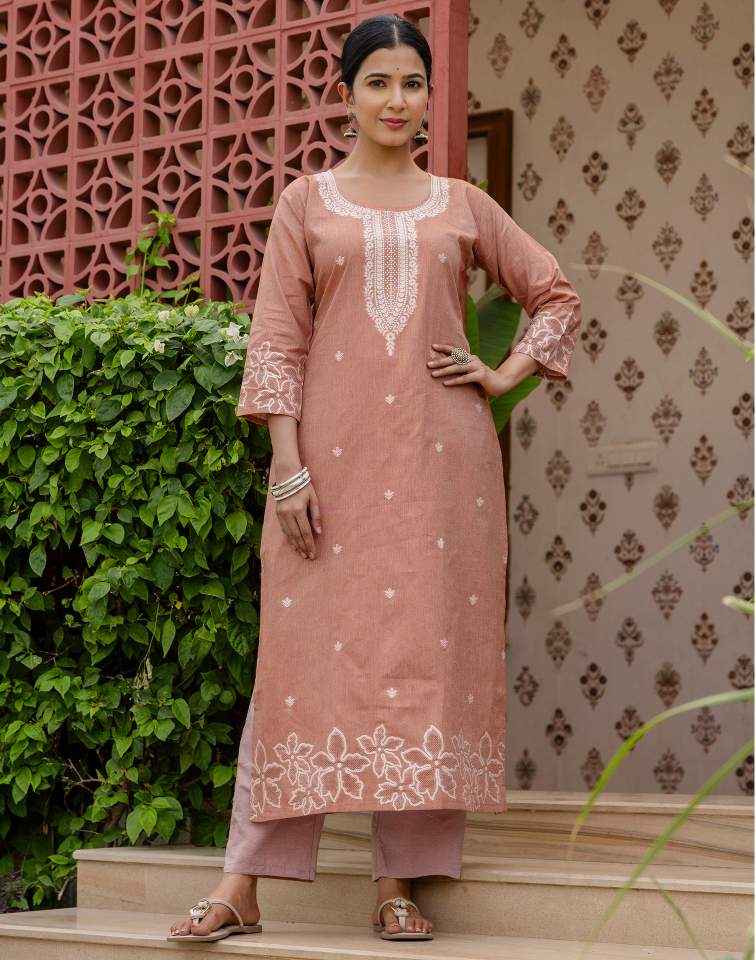 Dark Peach Silk Weaving Round Neck 3/4 Sleeve Straight Kurta Set With Pant & Dupatta