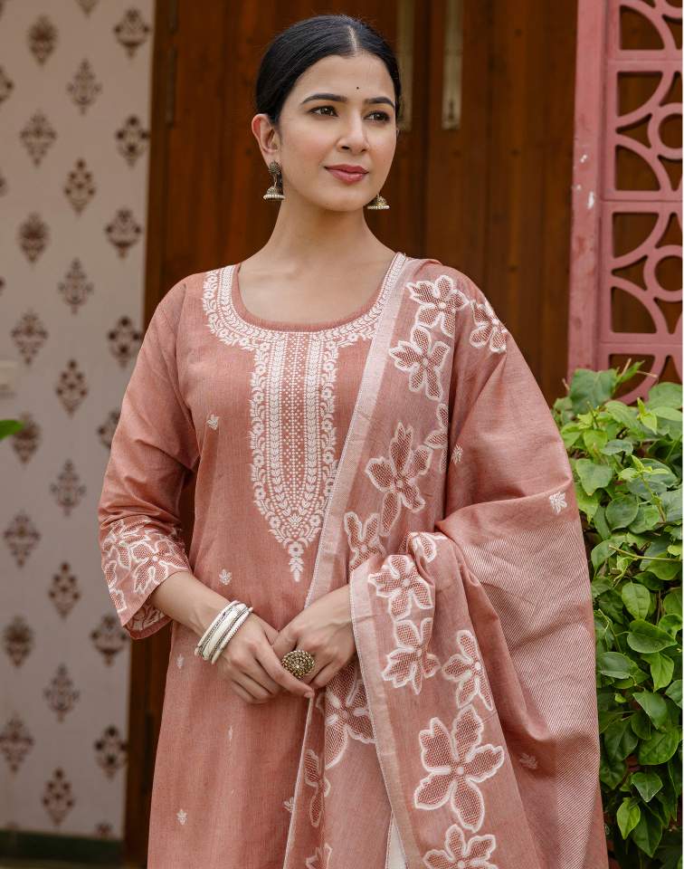 Dark Peach Silk Weaving Round Neck 3/4 Sleeve Straight Kurta Set With Pant & Dupatta
