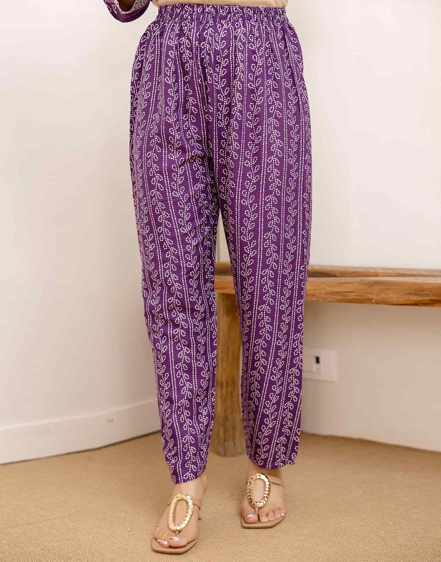 Affordable Purple Cotton Printed Anarkali Kurta Set V-Neck Cotton Kurti with Pant & Dupatta