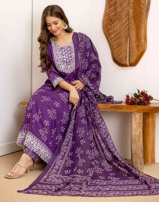 Affordable Purple Cotton Printed Anarkali Kurta Set V-Neck Cotton Kurti with Pant & Dupatta