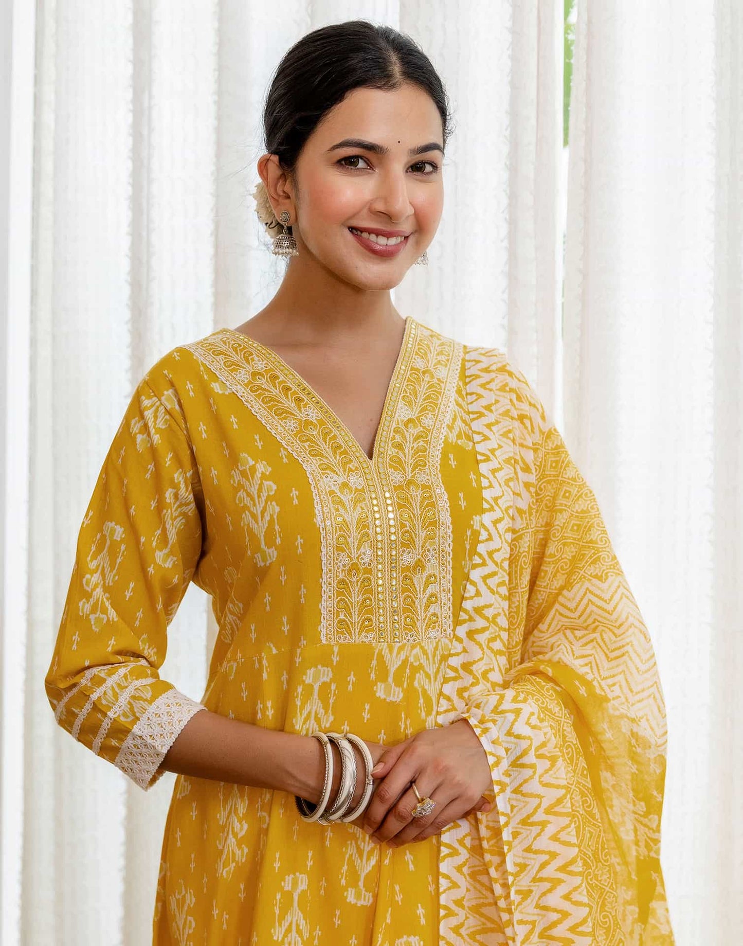 Cotton Anarkali Printed V-Neck Kurta with Pant & Dupatta