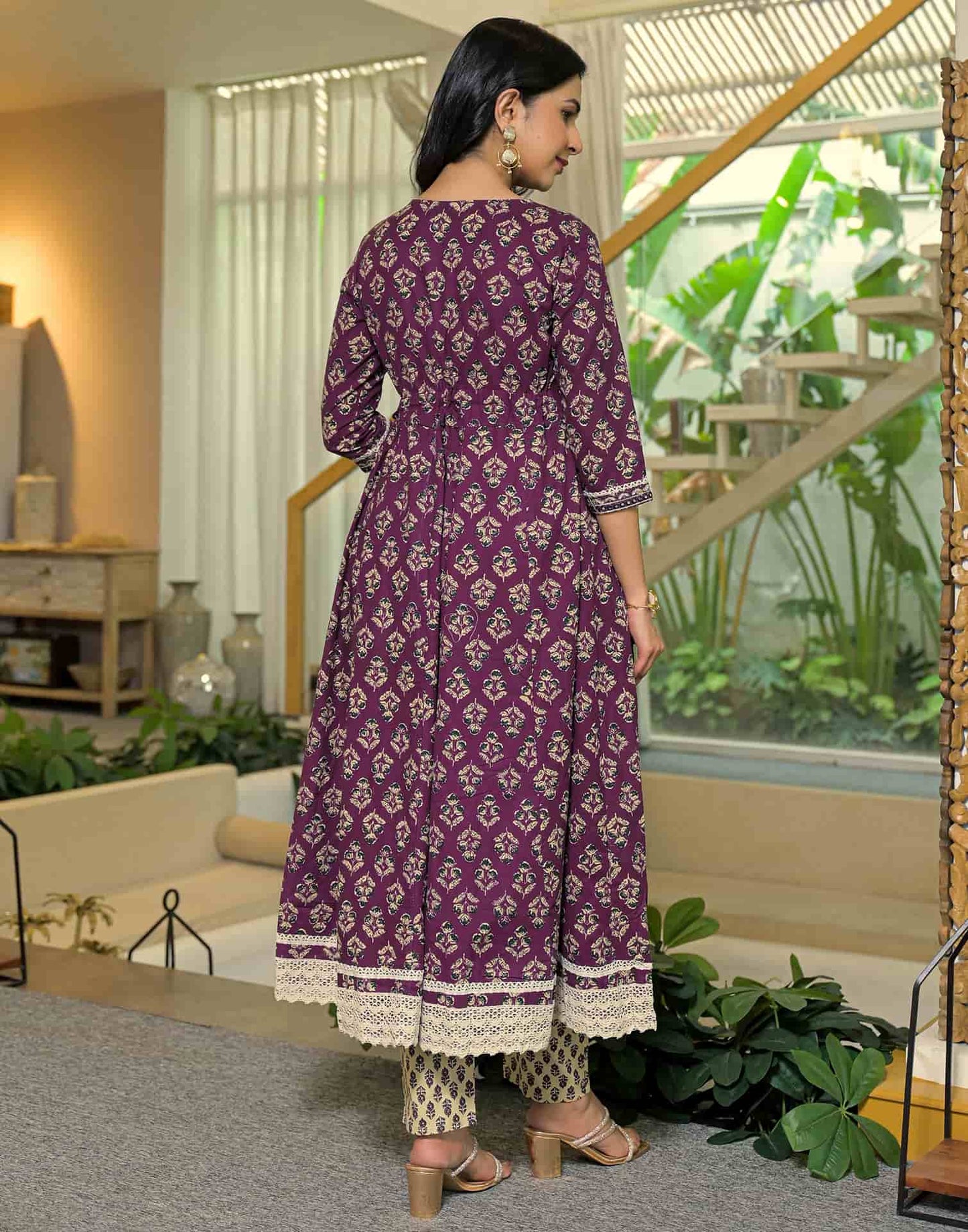 Affordable Purple Cotton Printed Anarkali Kurta Set V-Neck Cotton Kurti with Pant & Dupatta
