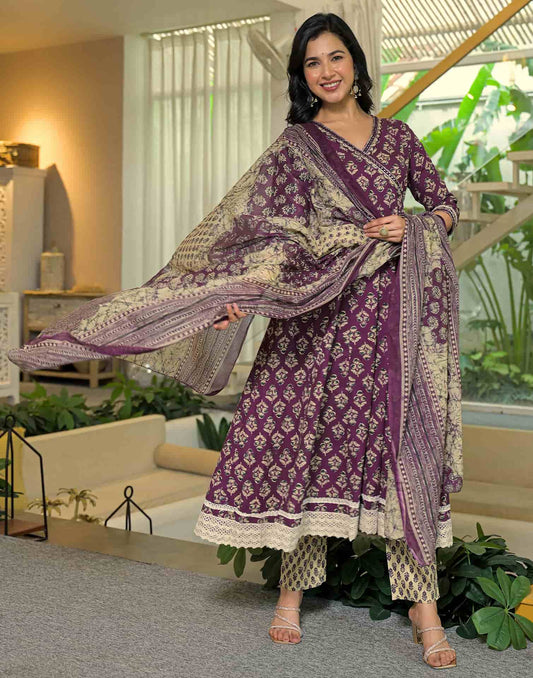 Affordable Purple Cotton Printed Anarkali Kurta Set V-Neck Cotton Kurti with Pant & Dupatta