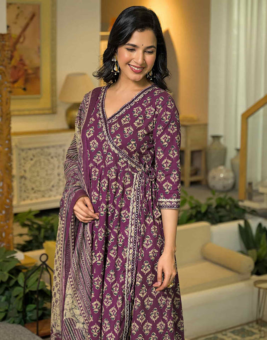 Affordable Purple Cotton Printed Anarkali Kurta Set V-Neck Cotton Kurti with Pant & Dupatta