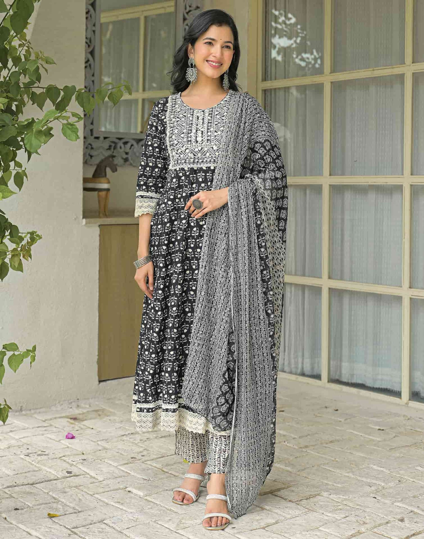 Cotton Embroidered Anarkali Kurta with Pant & Dupatta