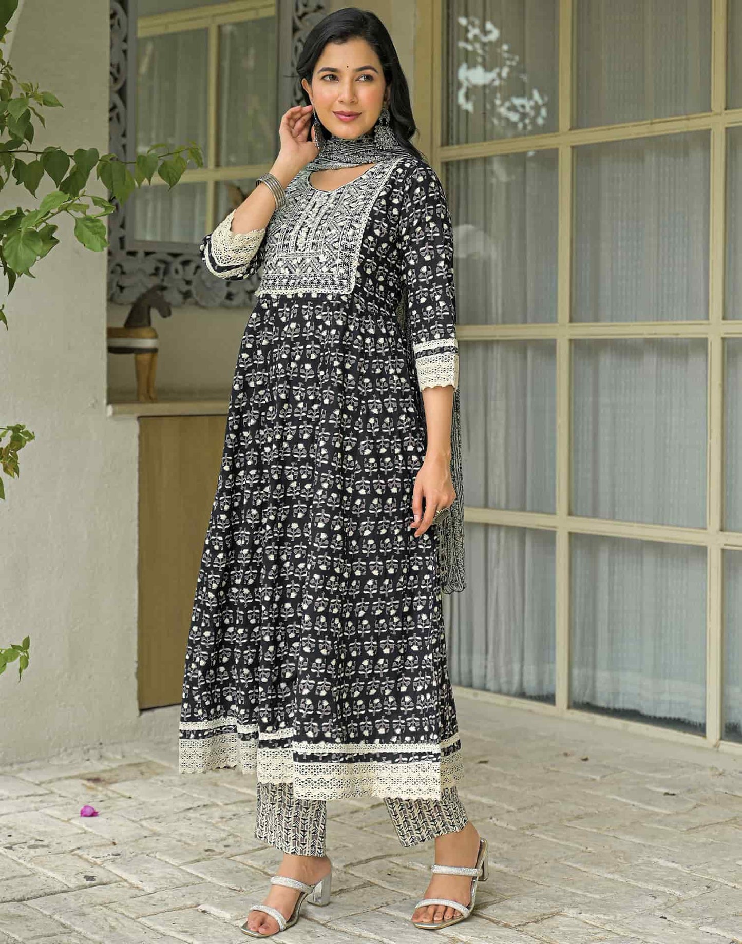 Cotton Embroidered Anarkali Kurta with Pant & Dupatta