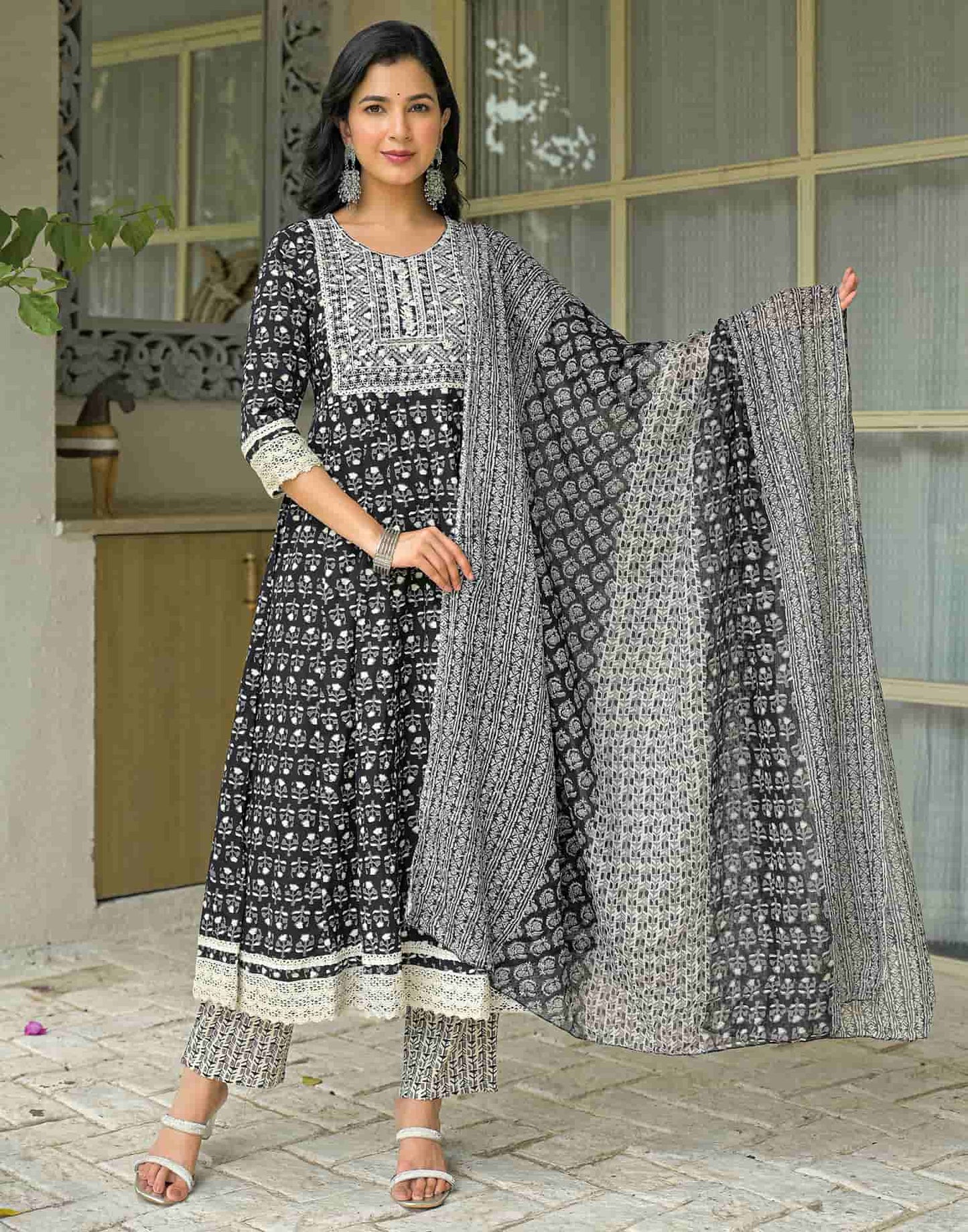 Cotton Embroidered Anarkali Kurta with Pant & Dupatta
