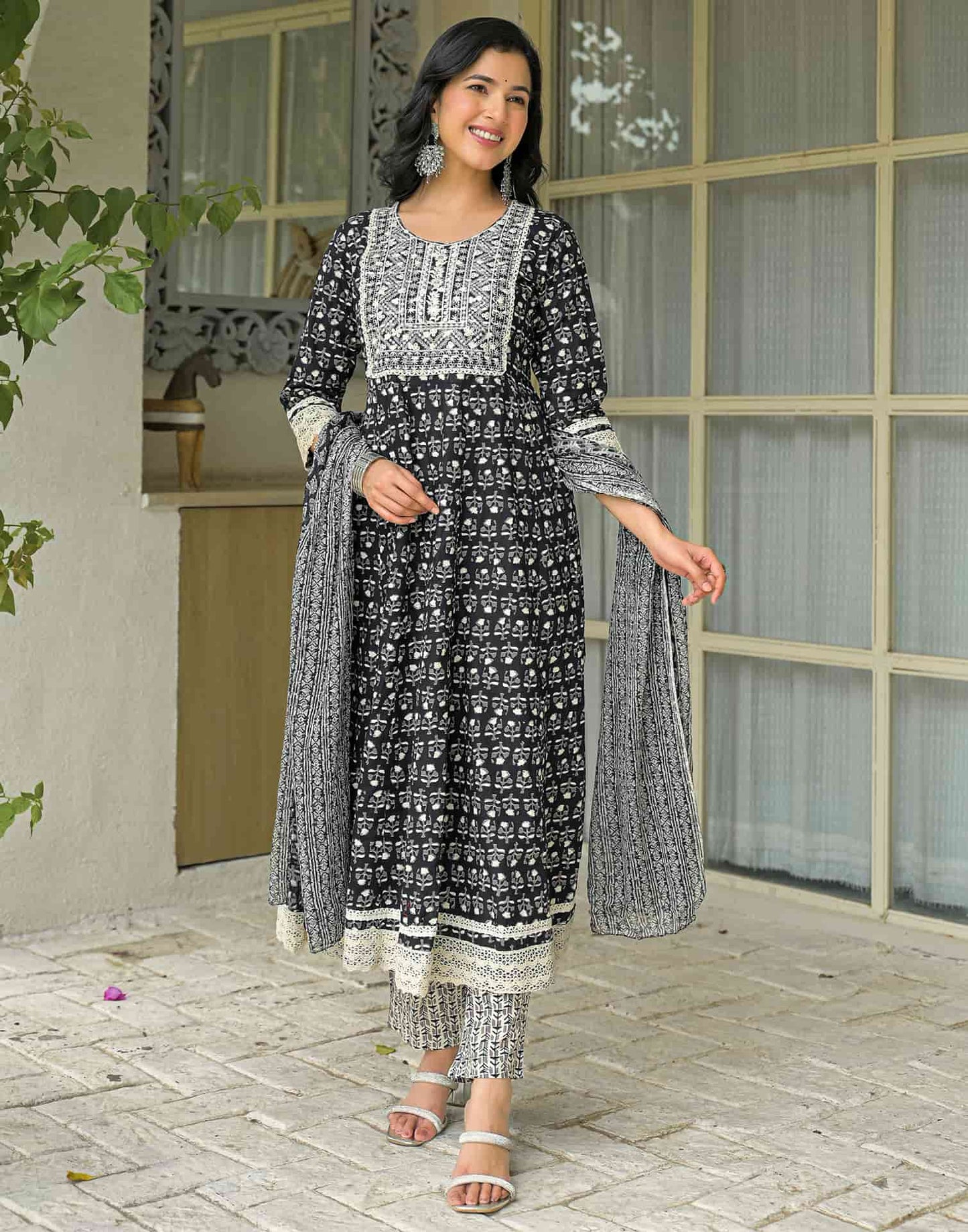 Cotton Embroidered Anarkali Kurta with Pant & Dupatta