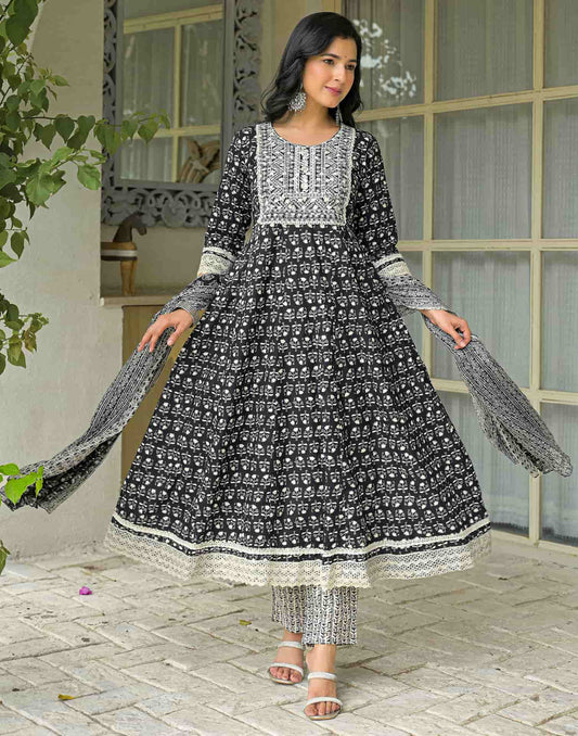Affordable Black Cotton Embroidered Anarkali Kurta Set under 999