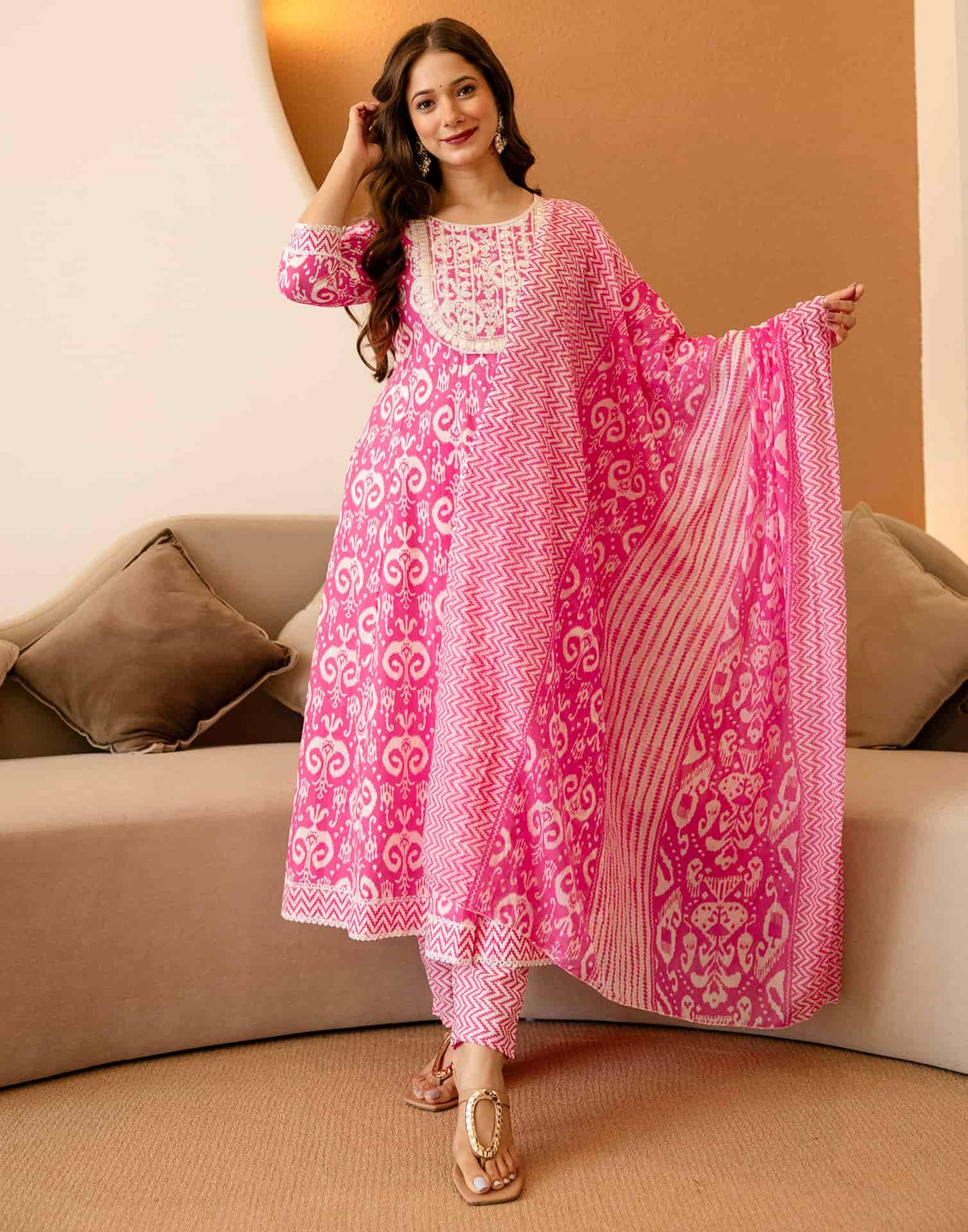 Cotton Printed Anarkali Kurta with Pant & Dupatta