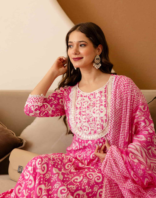 Affordable Pink Cotton Printed Anarkali Kurta Set under 999