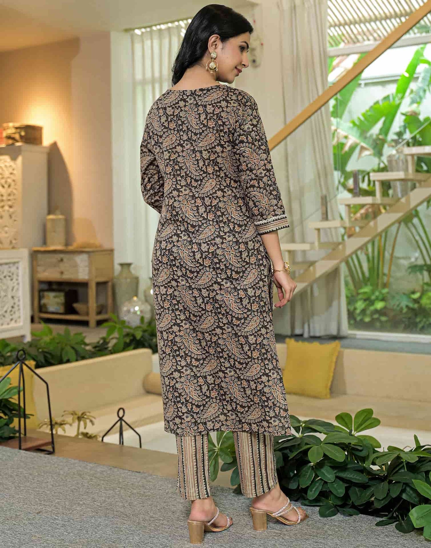 Affordable Brown Cotton Printed Straight Kurta Set under 799