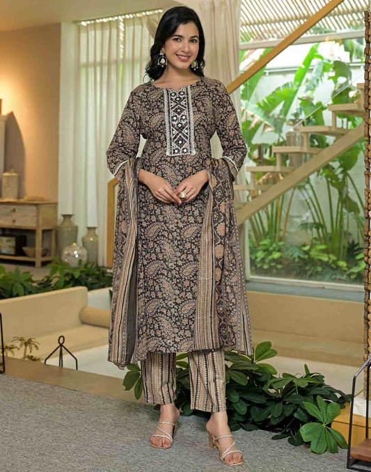 Affordable Brown Cotton Printed Straight Kurta Set under 799