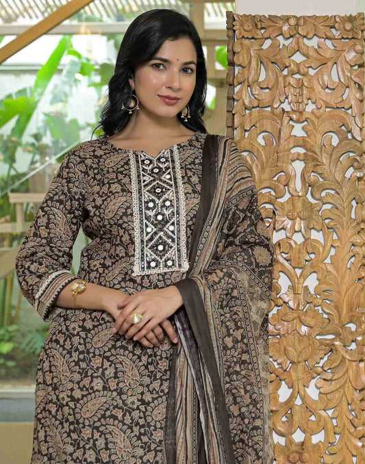 Affordable Brown Cotton Printed Straight Kurta Set under 799
