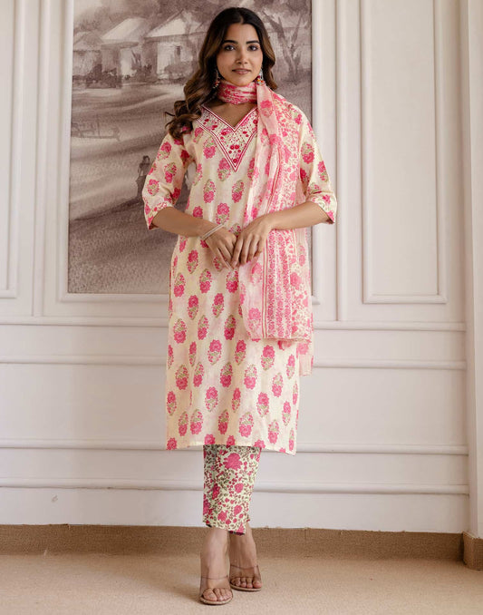 Affordable Beige Cotton Printed Straight Kurta Set under 799