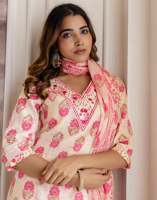 Affordable Beige Cotton Printed Straight Kurta Set under 799