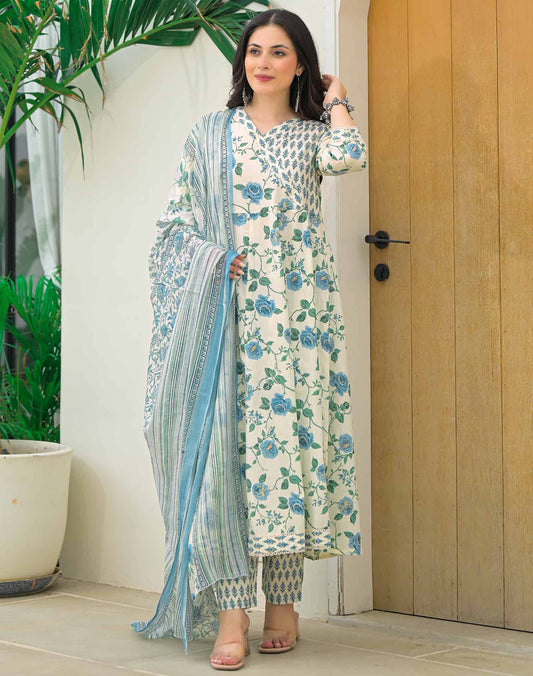 Affordable White Cotton Printed Anarkali Kurta Set under 999