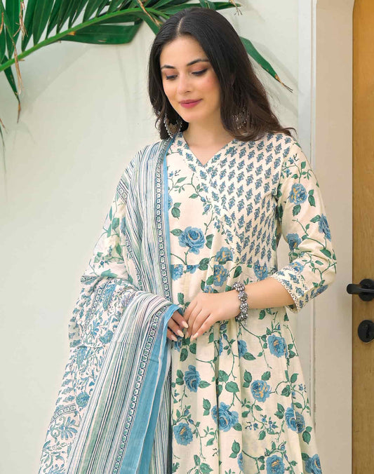 Affordable White Cotton Printed Anarkali Kurta Set under 999