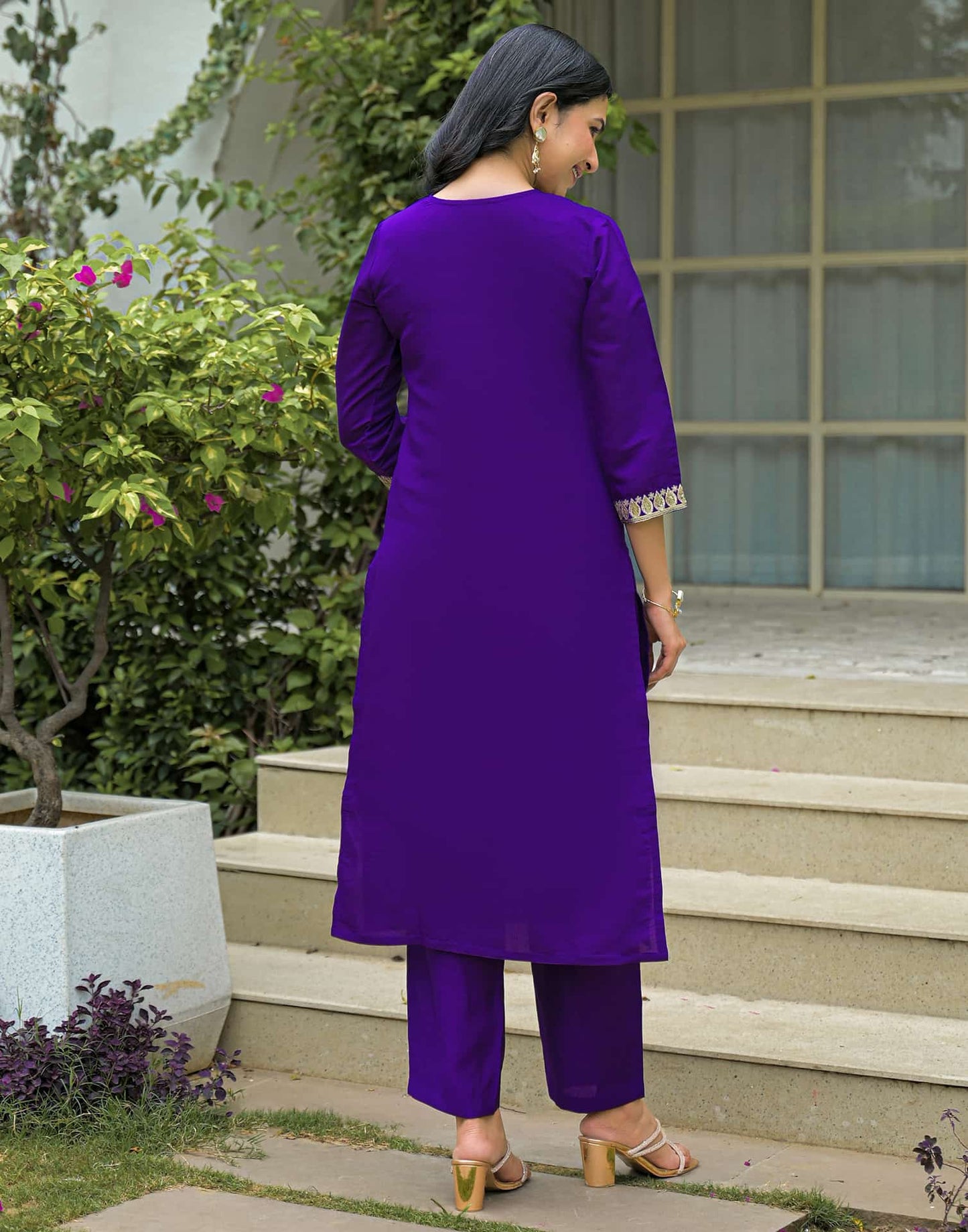 Affordable Purple Silk Embroidered Straight Kurta Set V-Neck Silk Kurti with Pant & Dupatta