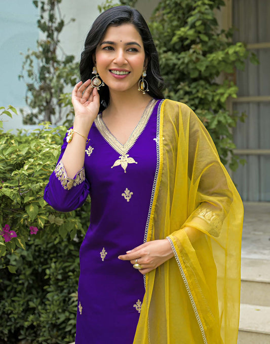 Affordable Purple Silk Embroidered Straight Kurta Set V-Neck Silk Kurti with Pant & Dupatta