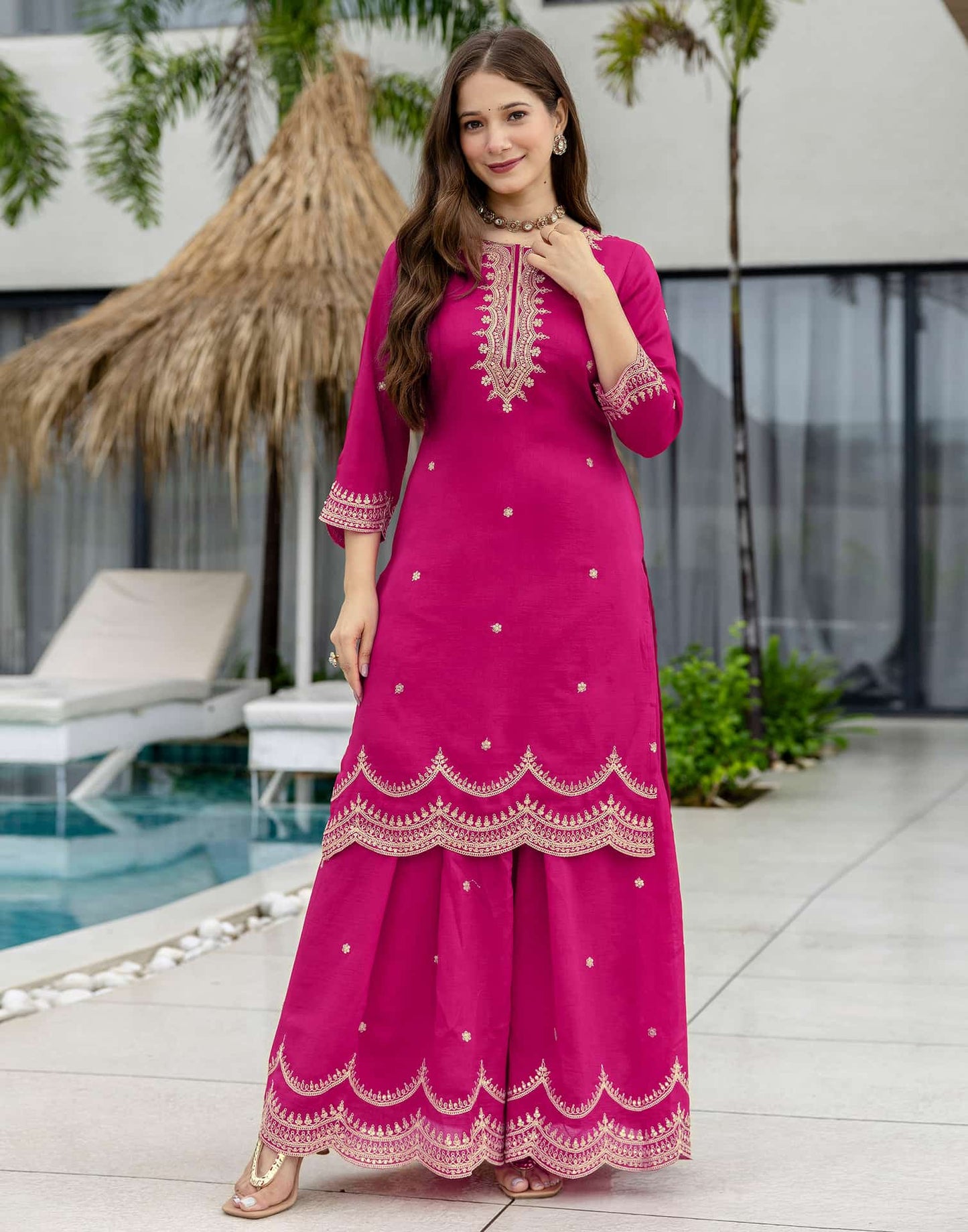 Silk Embroidered Straight Kurta with Pant & Dupatta