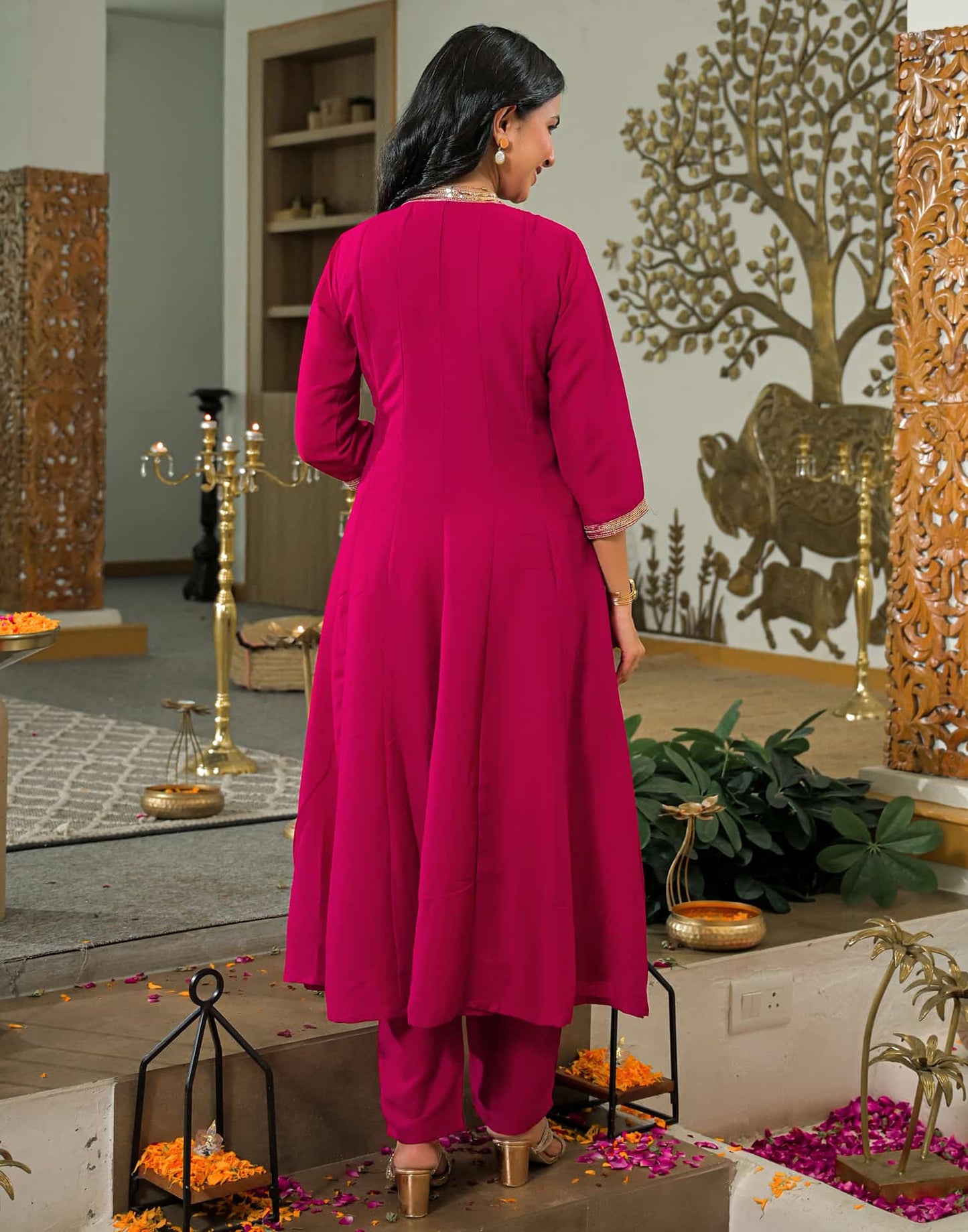 Affordable Pink Silk Embroidered Anarkali Kurta Set V-Neck Silk Kurti with Pant & Dupatta