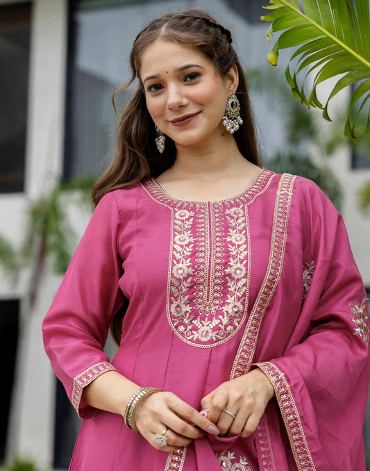 Silk Anarkali Embroidery Round Neck Kurta with Pant & Dupatta