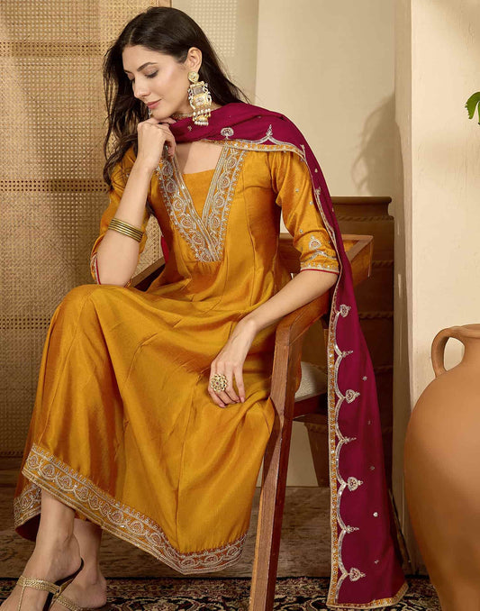 Silk Anarkali Embroidery Square Neck Kurta with Pant & Dupatta