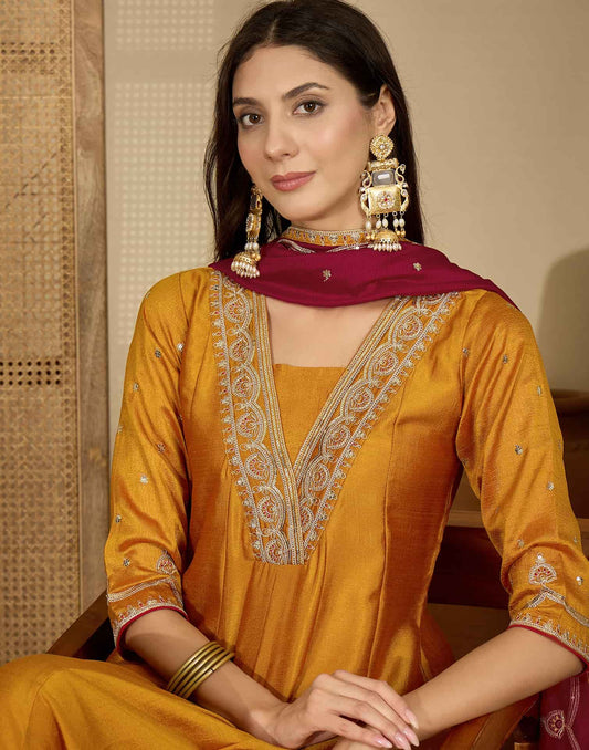 Silk Anarkali Embroidery Square Neck Kurta with Pant & Dupatta