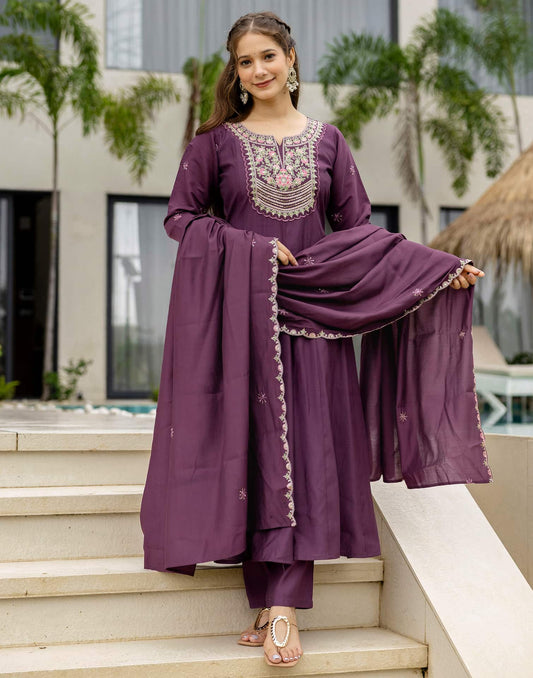 Silk Anarkali Embroidery Round Neck Kurta with Pant & Dupatta